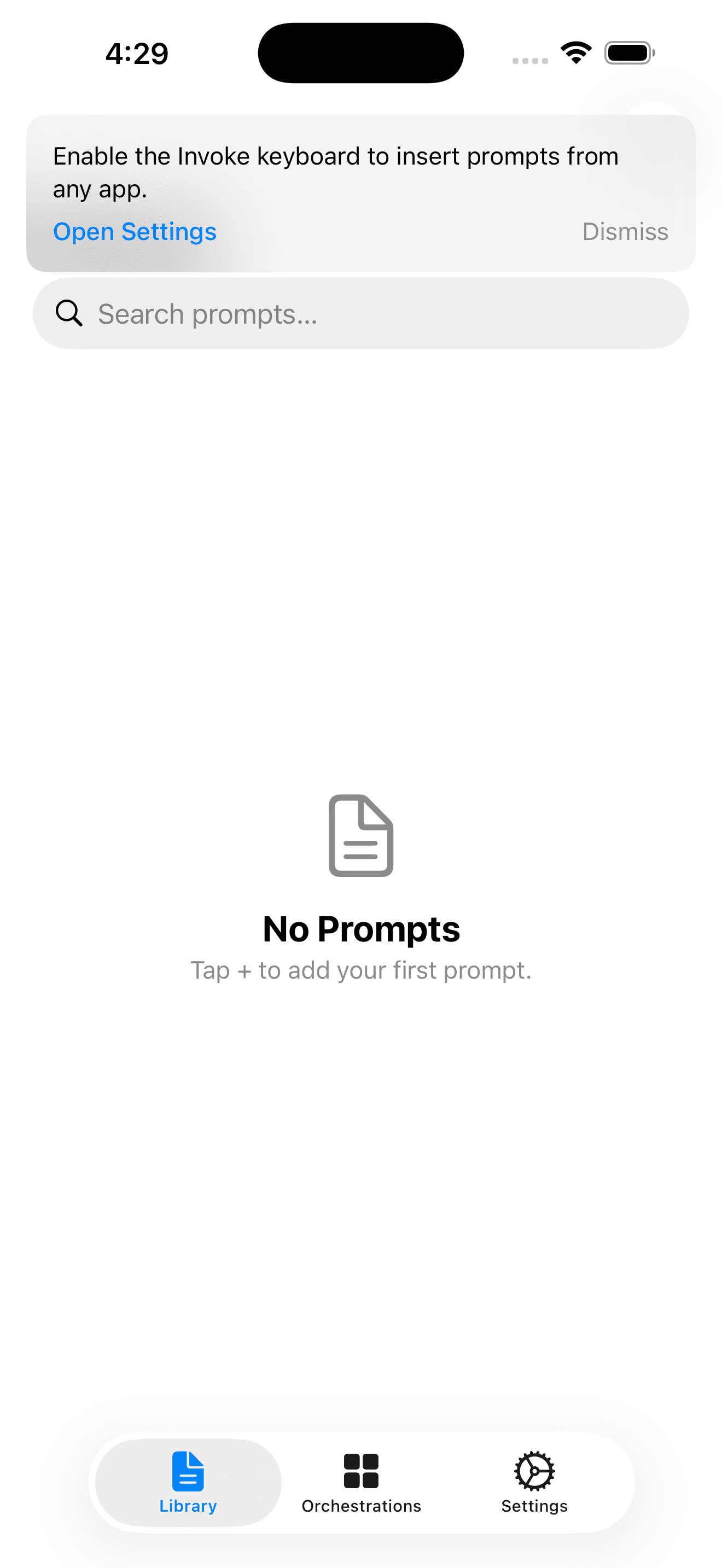 Invoke iPhone app — Library tab with the bottom navigation showing Library, Orchestrations, and Settings, plus the prompt to enable the Invoke keyboard from iOS Settings.