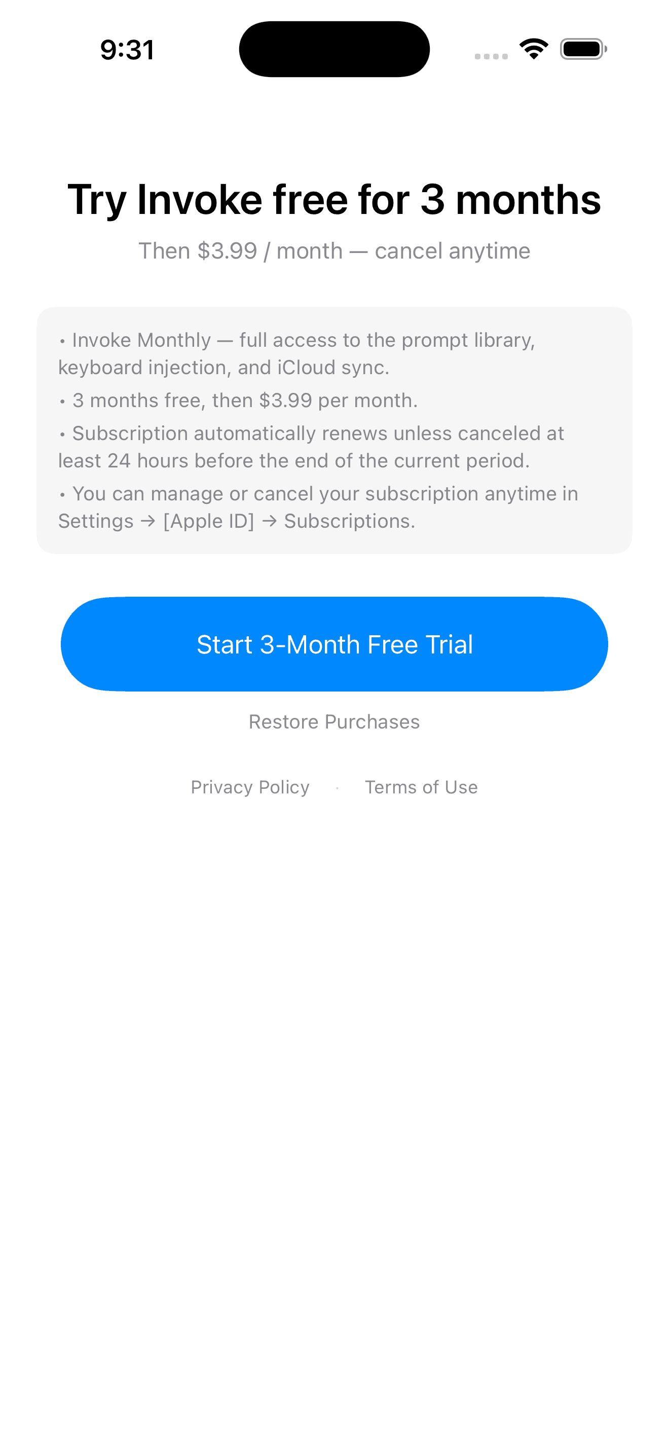 Invoke iPhone paywall — three months free, then $3.99 per month, with full Apple-required auto-renew disclosure.