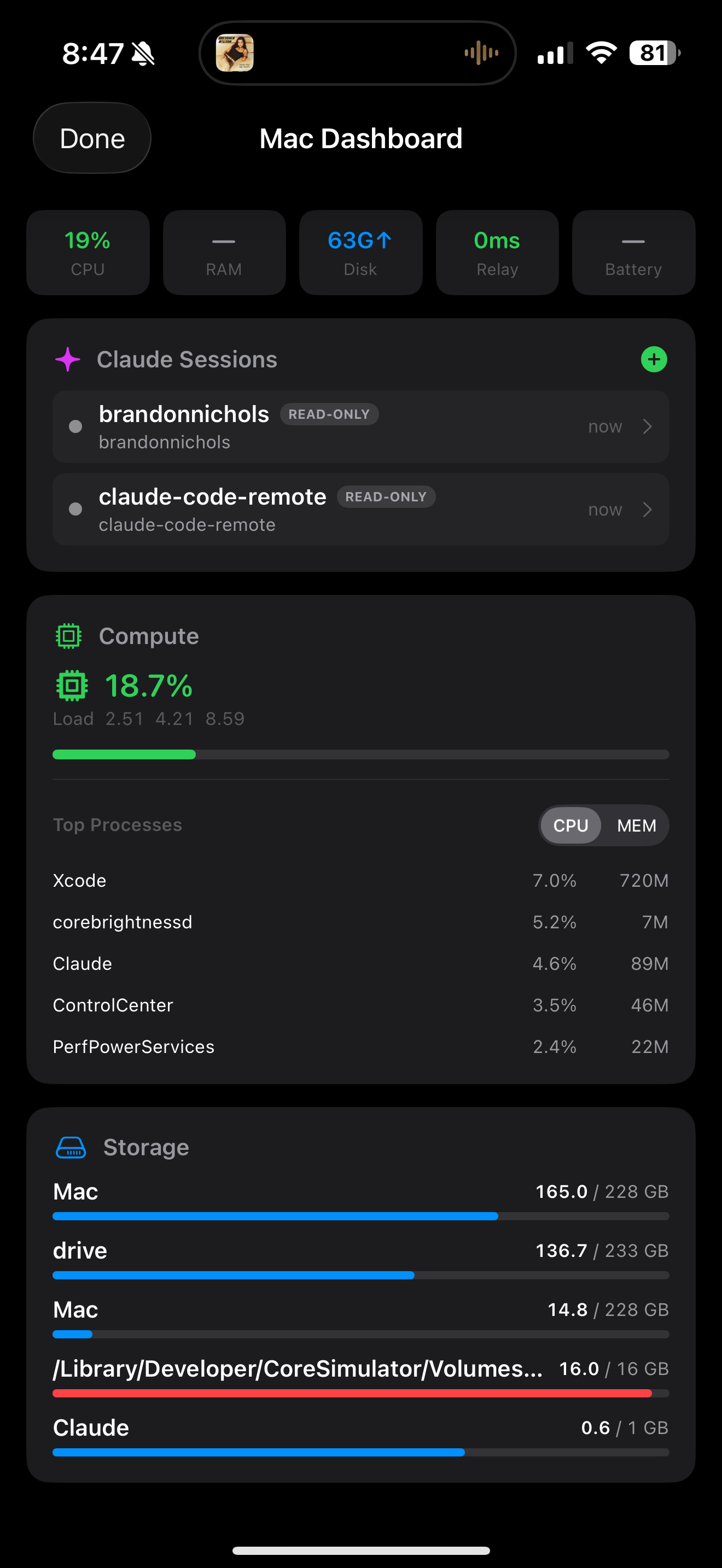Mac Dashboard — Claude sessions, processes, network